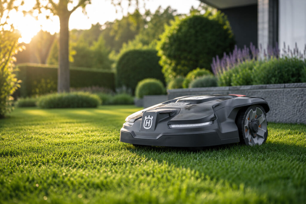 Moderner Husqvarna Mähroboter auf einem gepflegten Gartenrasen bei Sonnenuntergang.