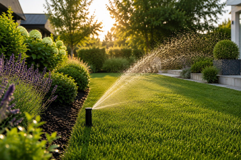 Automatische Gartenbewässerung mit Versenkregner auf einem gepflegten Rasen in einem modernen Privatgarten.