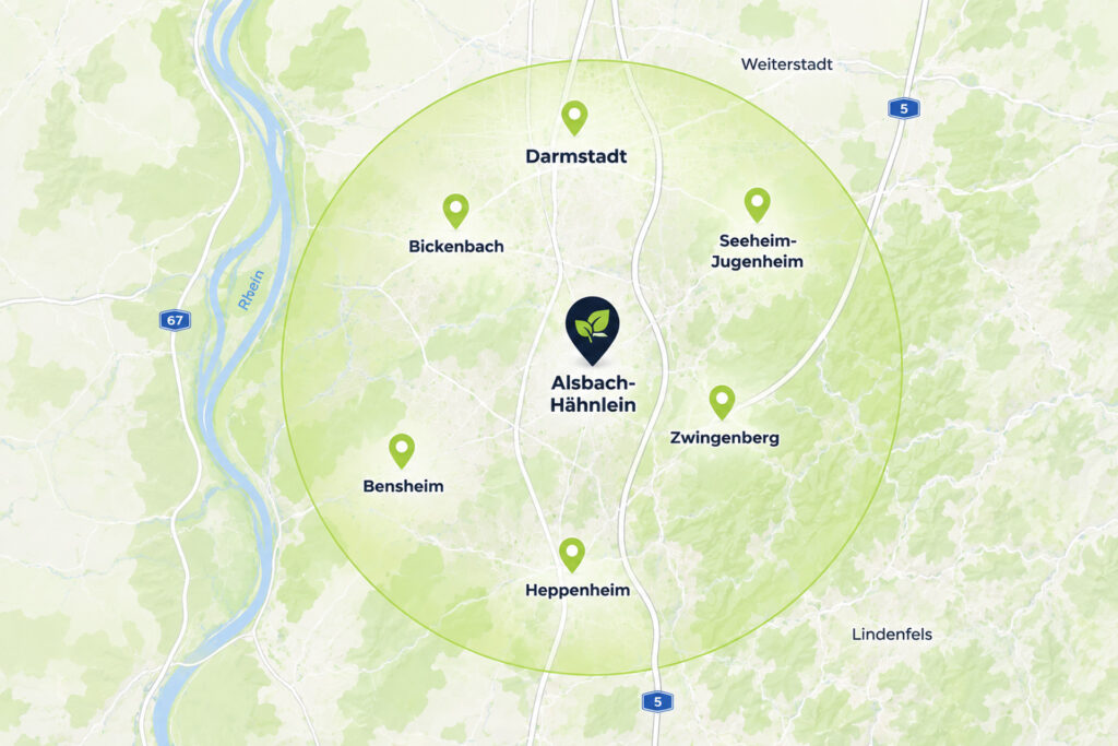 Karte des Servicegebiets von Andres Bewässerungsanlagen mit Alsbach-Hähnlein, Bickenbach, Zwingenberg, Seeheim-Jugenheim, Bensheim, Heppenheim und Darmstadt.