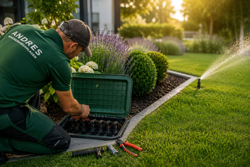 Techniker wartet eine automatische Bewässerungsanlage und stellt die Ventilbox in einem gepflegten Garten ein.